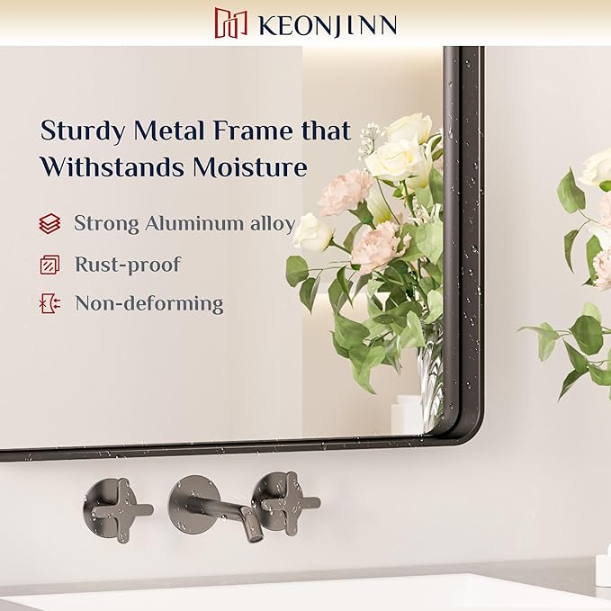 Keonjinn Black Framed Mirrors for Bathroom 48” x 40” Large Rounded Rectangle Wall Mirror, Matte Black Farmhouse Bathroom Vanity Mirror with Seamless Metal Frame, HD Tempered Glass(Horizontal/Vertical)