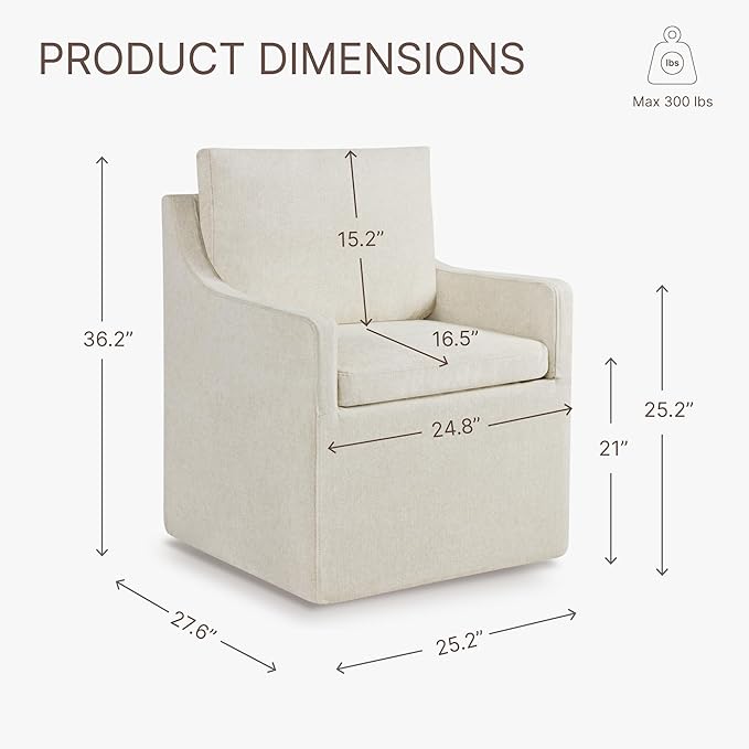 Upholstered Dining Chairs with Casters Washable Cover Side Deskchair with Rollers for Diningroom, Living Room, Cream Beige, 1 Box