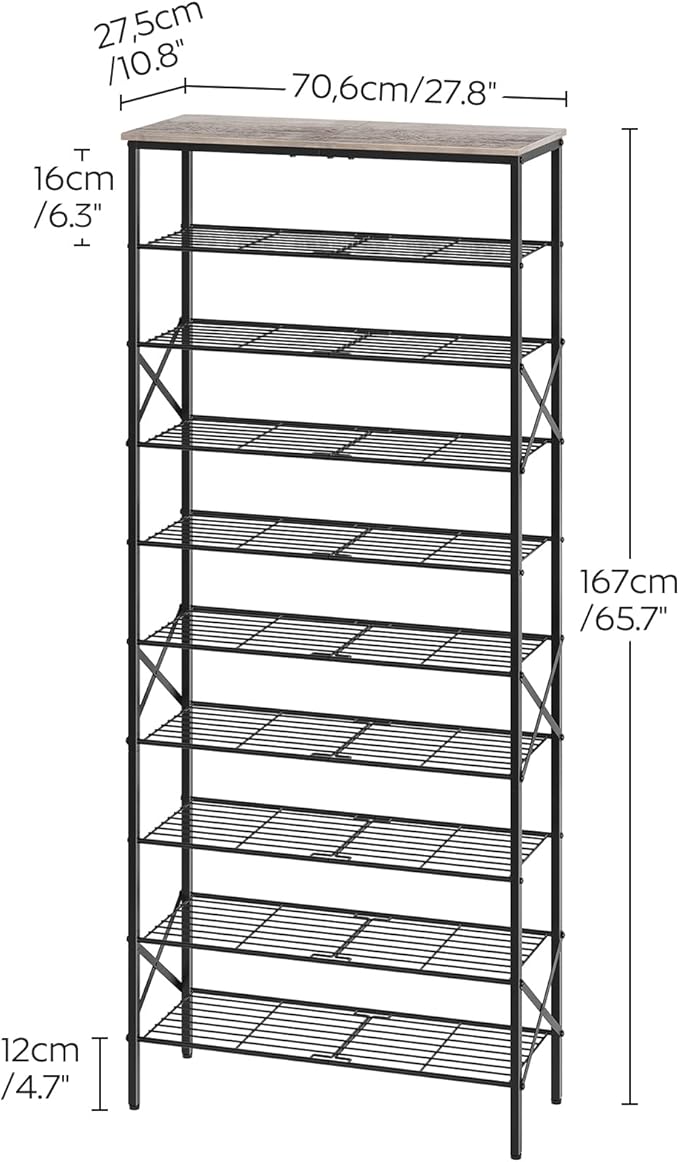 10 Tier Shoe Rack, Large Capacity Shoe Storage Organizer Holds 40 Pairs, Durable and Stable, for Entryway, Hallway, Closet, Dorm Room, Greige and Black SS10BG