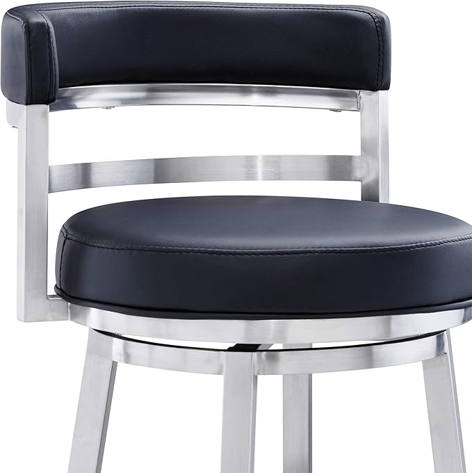 Armen Living Titana 26" Counter Height Swivel Black Faux Leather and Brushed Stainless Steel Bar Stool