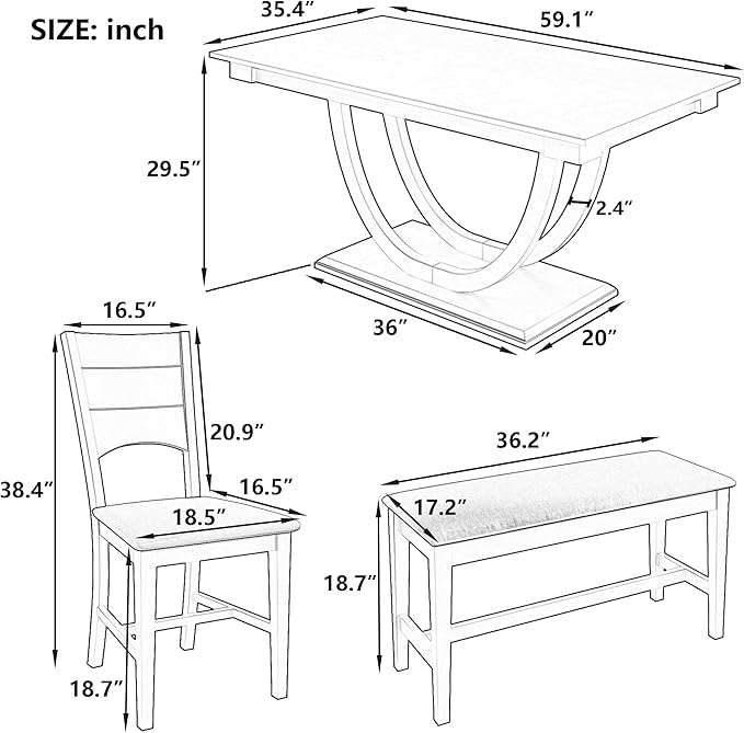 Ball & Cast 6 Piece Dining Table Set with 4 Upholstered Chairs & 1 Bench,Wooden Living Room Furniture for 6 W/ 59.1" Rectangle Kitchen Desk,for Restaurant,Home Bistro,Natural Wood