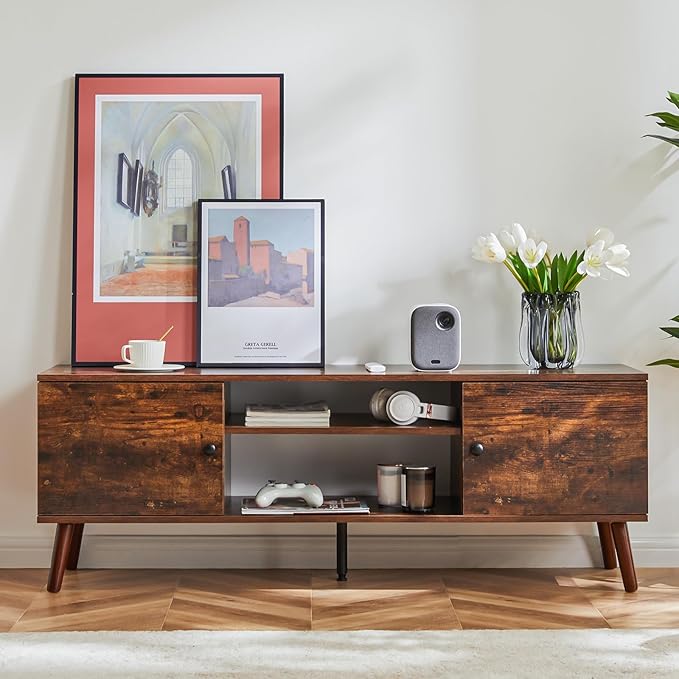 DUMOS TV Stand for 55 60 inch TV, Entertainment Center with Storage Cabinet, Mid Century Vintage Media Console Table, Adjustable Hinge, Wooden Television Furniture for Living Room, Office