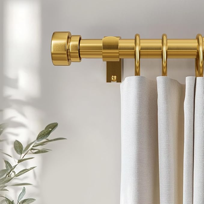 Modern Gold Curtain Rods for Windows 72 to 144 Inches Adjustable Length Heavy Duty 1" Diameter Brass Window Curtain Rod with Solid Metal Finials for Outdoor Farmhouse Bedroom Kitchen Living Room