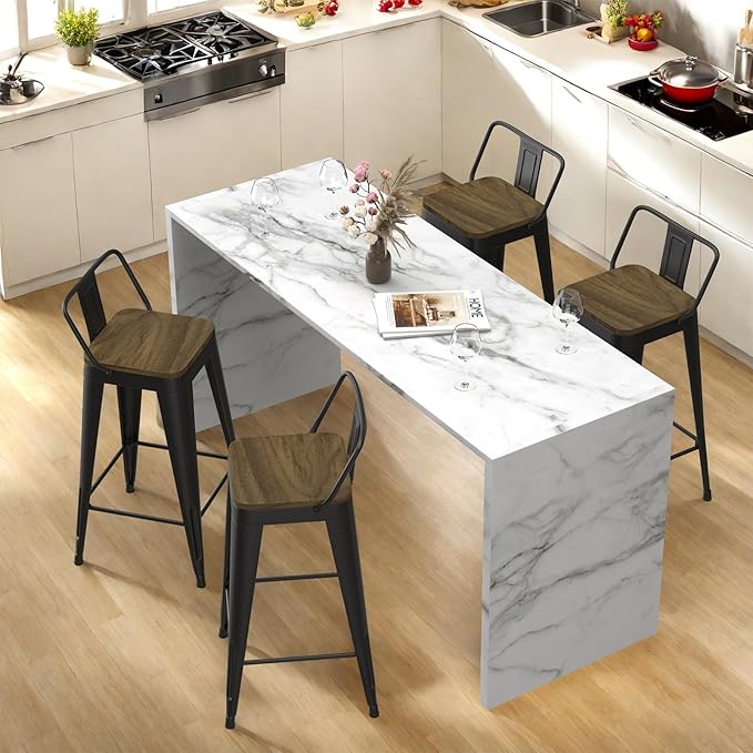 Black Bar Stools Set of 4, Metal Bar Stools with Wooden Seat, Modern 30”Counter Height Barstools with Low Back