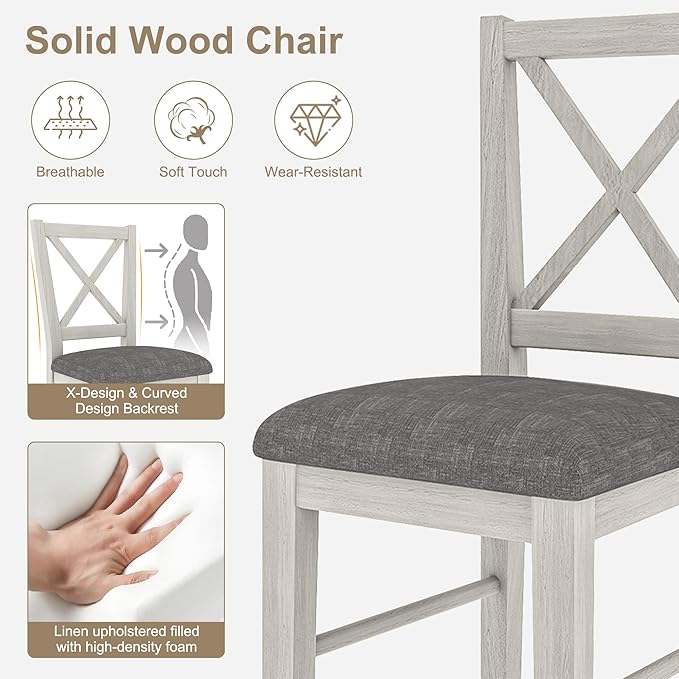 Solid Wood Dining Chairs Set of 4, Farmhouse Chairs with High Cross Back and Upholstered Seat, Easy Assembly for Dining Room, Kitchen, Washed Gray