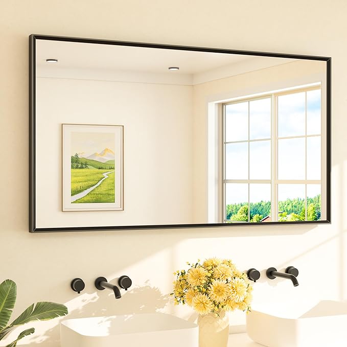 TETOTE Black Bathroom Mirror for Over Sink 55" x 30" Large Matte Black Beveled Metal Framed Rectangular Vanity Mirror for Bathroom, Bedroom, Entryway, Living Room, Tempered Glass, Shatterproof
