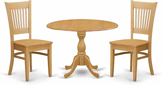 East West Furniture DMVA3-OAK-W 3 Piece Dinette Set for Small Spaces Contains a Round Dining Table with Dropleaf and 2 Dining Room Chairs, 42x42 Inch, Oak