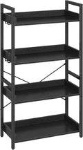 Rolanstar Bookshelf 4 Tier with 4 Hooks, Industrial Bookcase, Vintage Storage Rack with Open Shelves, Rustic Standing Bookshelves Metal Frame Display Rack for Living Room, Bedroom, Black