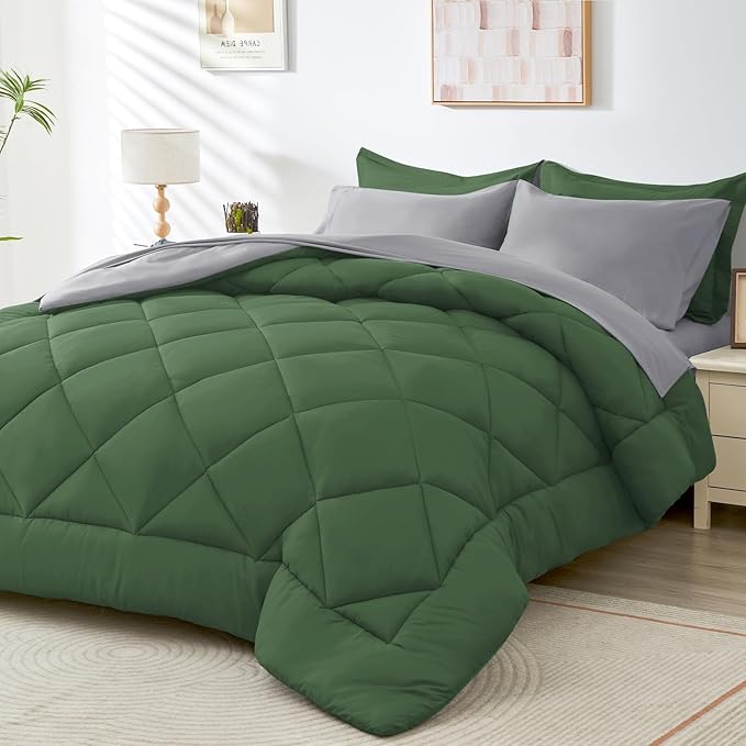 HEVUMYI Twin Comforter Set - 5-Piece All Season Bed in a Bag Twin, Ultra Soft Bedding Set with Comforter, Flat Sheet, Fitted Sheet, Pillowcases, Pillow Shams, Green & Light Grey