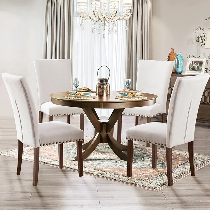 Set of 4 Beige Upholstered Dining Chairs, Farmhouse Kitchen Chairs with High Back Support, Solid Rubberwood Legs, Comfortable Padded Seat, Bronze Nailhead Trim, Dining Room Chairs for Family Meals