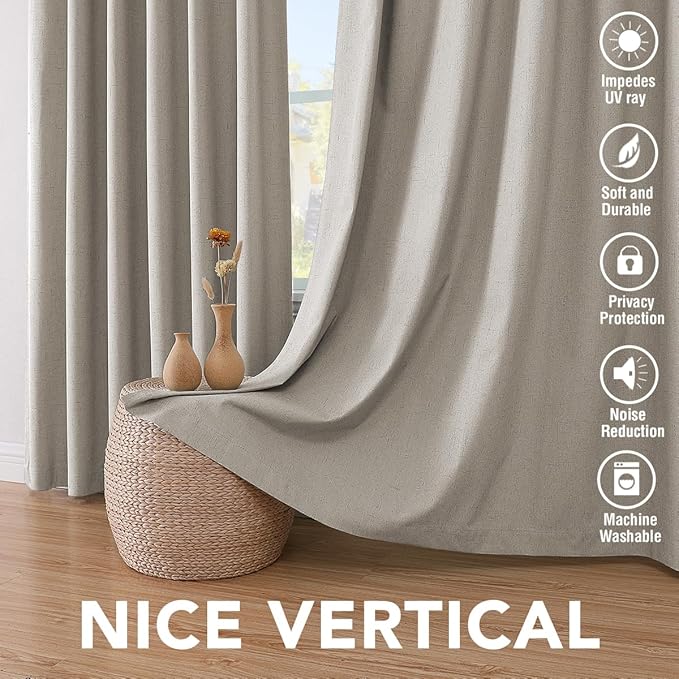 H.VERSAILTEX Linen Blackout Curtains 54 Inches Long 100% Absolutely Blackout Thermal Insulated Textured Linen Look Curtain Draperies Anti-Rust Grommet, Energy Saving with White Liner, 2 Panels, Stone