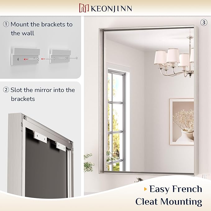 Keonjinn Brushed Nickel Bathroom Mirror for Wall 28 x 36 in, Rectangular Metal Framed Silver Mirror for Vanity Square Corner Aluminum Alloy Rectangle Modern Mirror for Over Sink(Horizontal/Vertical)