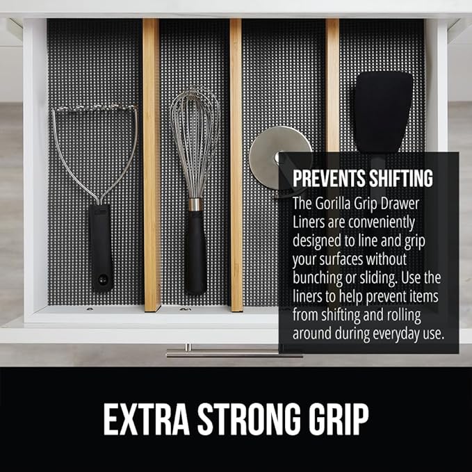 GORILLA GRIP powerGRIP Drawer Shelf and Cabinet Liner, Thick Strong Hold, Non-Adhesive Liners Protect Kitchen Cabinets and Cupboard, Bathroom Drawers, Easy Install, Breathable Mat, 20" x10', Charcoal