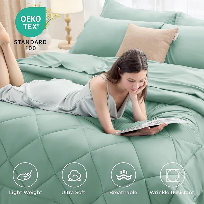 HEVUMYI Sage Green Full Comforter Set - 7-Piece All Season Bed in a Bag Full, Ultra Soft Bedding Set with Comforter, Flat Sheet, Fitted Sheet, Pillowcases, Pillow Shams, Sage Green