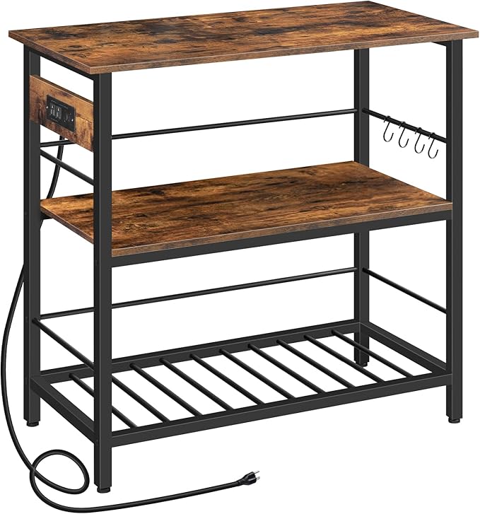 HOOBRO Kitchen Island with Storage, Kitchen Island Table with Power Outlet, 35.4" L 3 Tier Coffee Station and Microwave Stand, for Home, Dining Room, Rustic Brown and Black BF021ZD01