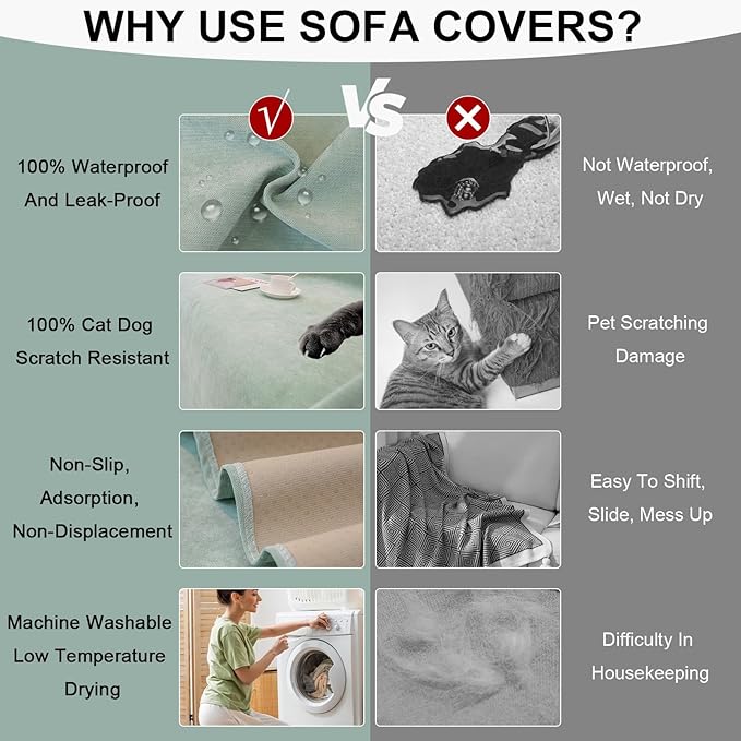 STACYPIK Light Green Waterproof Couch Cover for Dogs, Non-Slip Sofa Cover for 2 Cushion Sofa, Anti-Scratch Resistant Couch Covers, Washable Furniture Protector, Loveseat Cover for Living Room-71X118IN