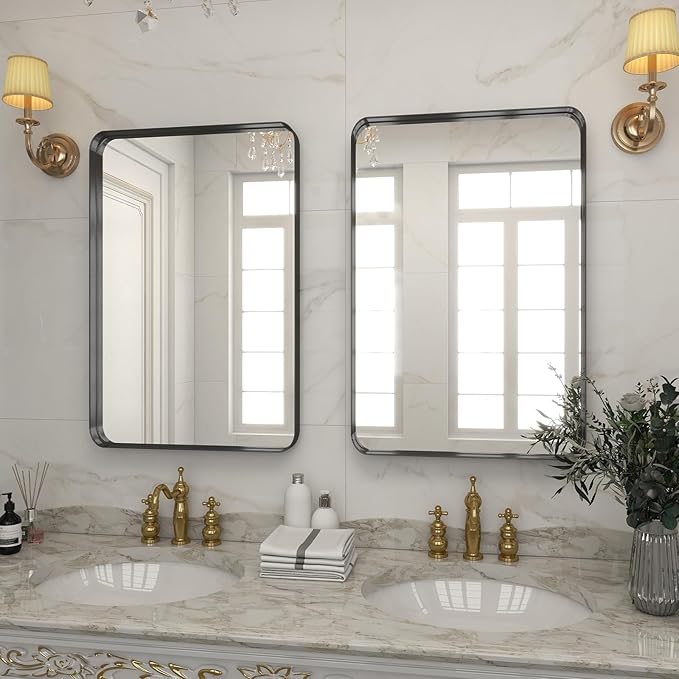 Bathroom Mirror 20x30 inch, Black Gorgeous Deep Frame Wall Mirror, Modern Round Corner Bathroom Vanity Mirror for Bedroom, Living Room, Hanging or Leaning Horizontal or Vertical, Black