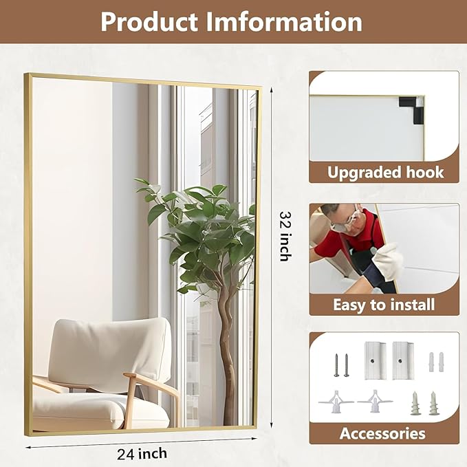 Gold Bathroom Mirror, 24"x32" Rectangle Mirror, Brushed Gold Mirror, Metal Frame Square Corner Vanity Mirror, Wall Mounted Mirror for Modern, Living Room, Bedroom, Horizontal Or Vertical