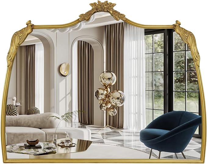 Baroque Mirror with Gold Vintage Decoration, Antique Brass Wall Mounted Mirror for Fireplace/Living Room/Hallway/Bathroom, Retro Palace Style for Decoration