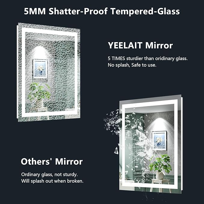 24x36 Inch LED Bathroom Mirror with Lights Front and Backlit Lighted Vanity Mirror for Bathroom Wall with 3 Colors Dimmable Anti-Fog Memory Shatter-Proof IP54 Waterproof Horizontal/Vertical