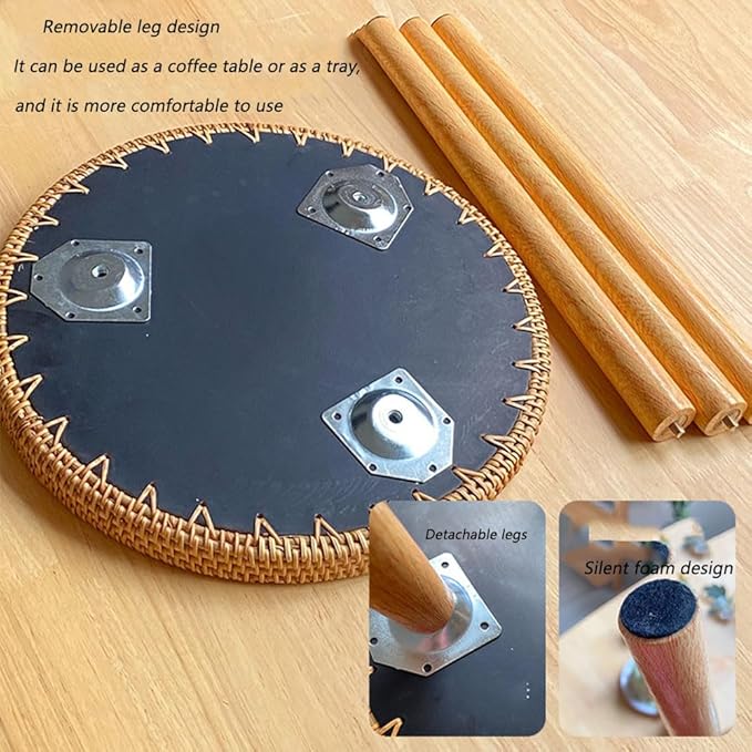 Round Rattan Side Table, Handmade Rattan Tray with 3 Legs, Mother of Pearls Inlay Coffee/Accent Table, Round end/Side Tables for Living Room, Bedrooms, Pedestal Plant Stand for Balcony
