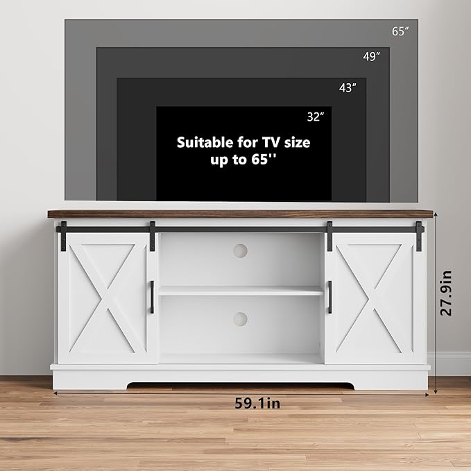 IDEALHOUSE Farmhouse Tv Stand for 65 inch TVs, Entertainment Center with Sliding Barn Doors and Adjustable Shelf, Modern Storage Media TV Console TV Stand Table for Living Room, Bedroom, White & Brwon