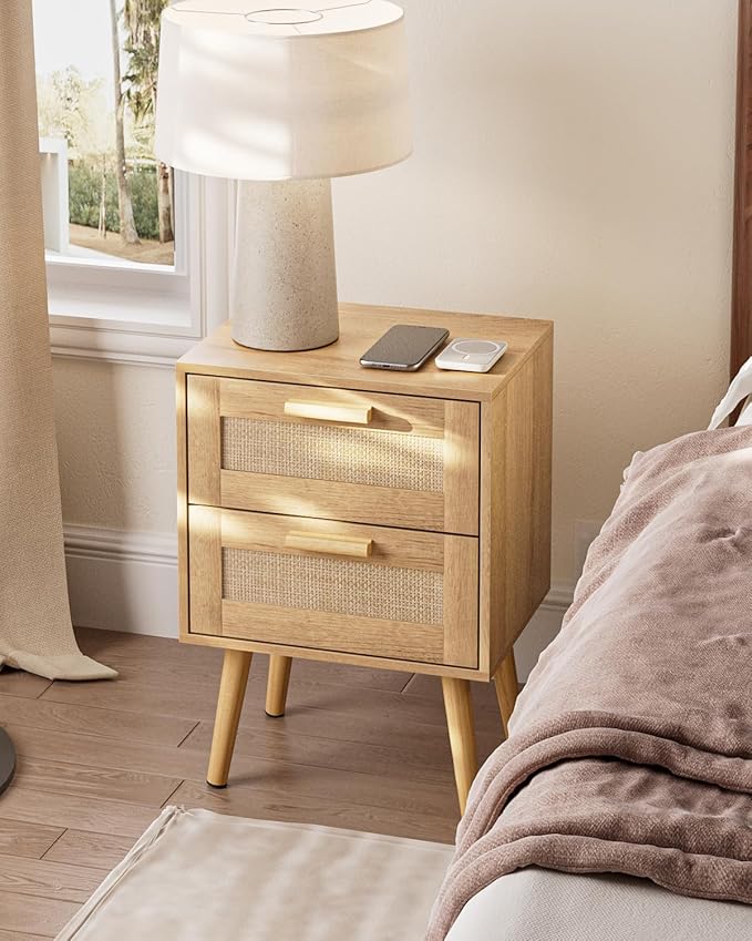 Masupu Rattan Night Stand,Modern nightstand Boho Bedside Table with 2 Drawer,Small End Side Table for Bedroom,Living Room,Office,Natural