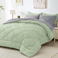 HEVUMYI Cali-King Comforter Set - 7-Piece All Season Bed in a Bag Cali-King, Ultra Soft Bedding Set with Comforter, Flat Sheet, Fitted Sheet, Pillowcases, Pillow Shams, Sage Green & Light Grey