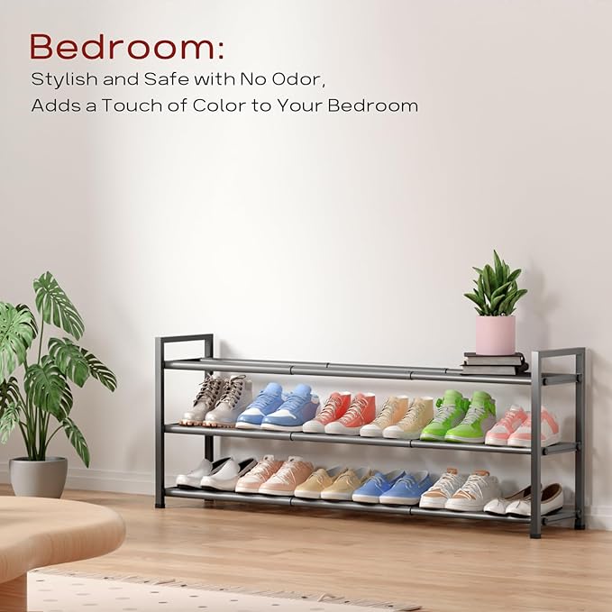 Bumusty 3-Tier Long Expandable Shoe Rack for Closet, 18"-44" Adjustable Shoe Rack for Entryway, 15-18 Pairs Large Shoe Organizer Shelf Storage, Sturdy Metal, Grey