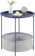 VECELO Round Side/End Table with Fabric Storage Basket，Metal Anti-Rust and Waterproof Small Bedside Nightstand with Removable Tray Top for Living Room，Balcony & Laundry，Blue /1pcs with Basket