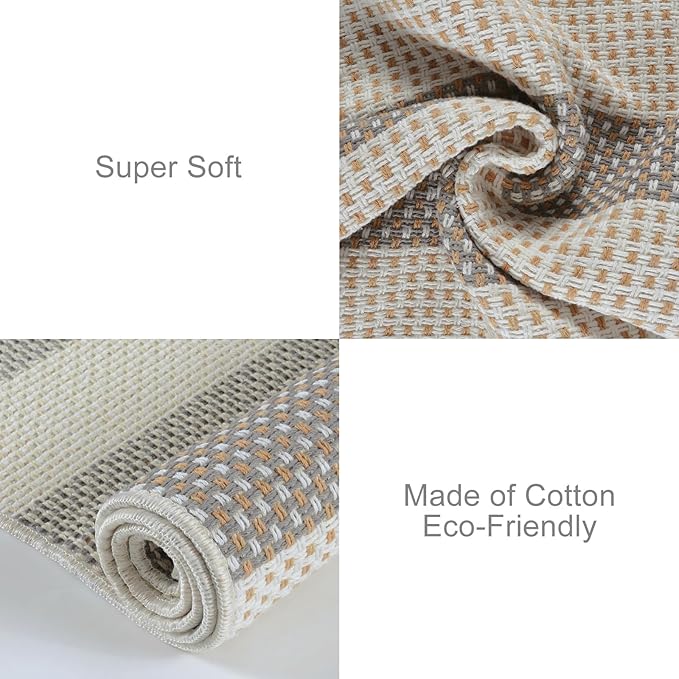 OJIA Outdoor Area Rug 4'x6' Striped Patio Rugs Washable Woven Cotton Indoor Outdoor Rug Living Room Rug Checkered Rug Floor Carpet for Living Room/Dining Room/Deck/Backyard (Gray/White/Tan)