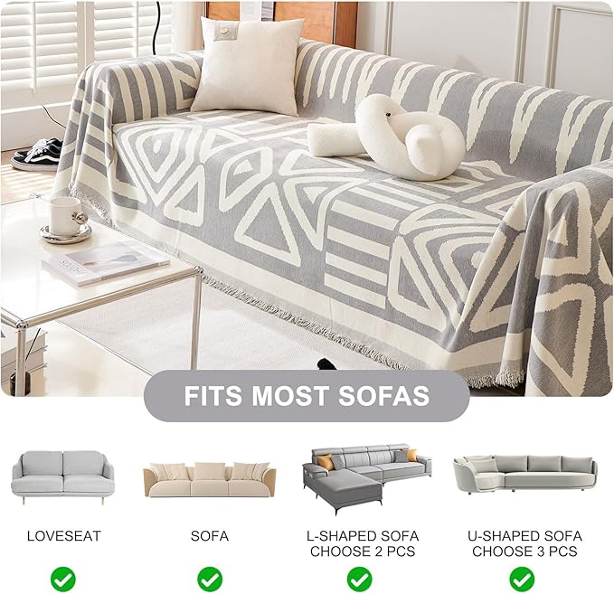STACYPIK Dark Gray Couch Cover, Boho Chenille Sofa Covers Pet-Friendly, Reversible Non Slip Furniture Protector for 3 Cushion Couch, Modern Triangle Couch Cover for Loveseat,Multi-Use Blanket-71X134IN