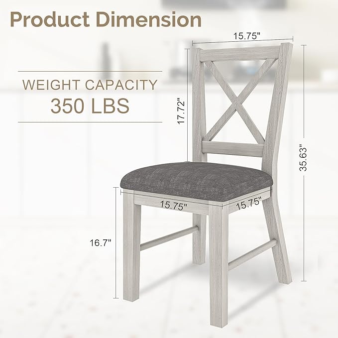 Solid Wood Dining Chairs Set of 2, Farmhouse Chairs with High Cross Back and Upholstered Seat, Easy Assembly for Dining Room, Kitchen, Washed Gray