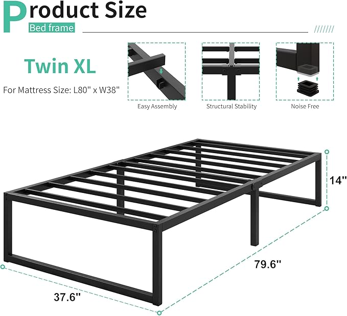 14 Inch Twin XL Bed Frames Heavy Duty Sturdy Metal Platform Bed Frame No Box Spring Needed, Noise Free, Easy Assembly, Black