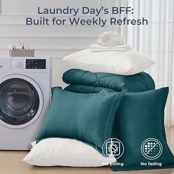 HEVUMYI Queen Comforter Set - 7-Piece All Season Bed in a Bag Queen, Ultra Soft Bedding Set with Comforter, Flat Sheet, Fitted Sheet, Pillowcases, Pillow Shams, Peacock Blue & Ivory