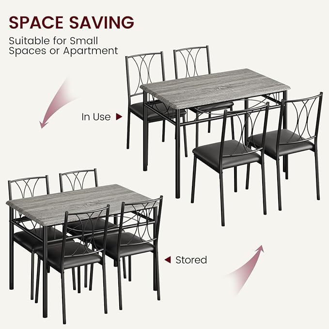 CABIHOME Dining Table Set, 5 Piece Rectangle Dining Kitche Table Set for 4 with 4 Upholstered Chairs, Dining Table Set for Small Space, Apartment, Retro Gray