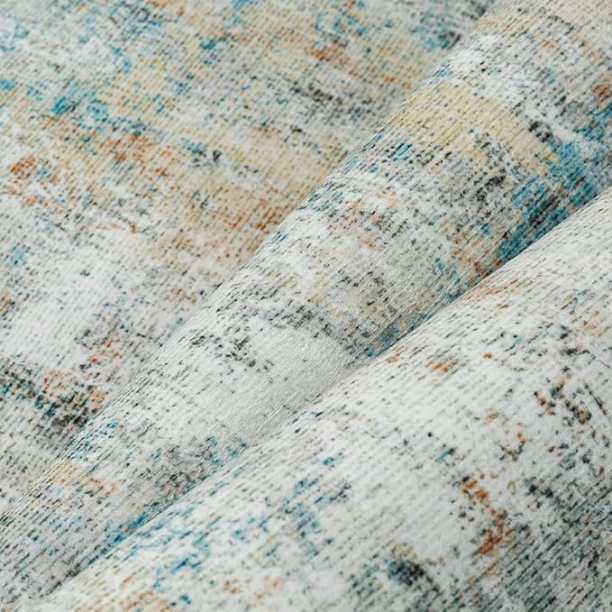 8x10 Washable Area Rug Teal Beige Modern Neutral Abstract Living Room Bedroom Indoor Floor Carpet Low Pile Soft Non-Slip Lightweight Vacuumable Large Throw Rug for Nursery Dining Room