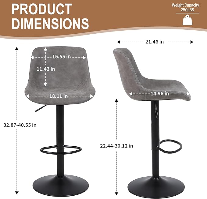 Bar Stools, Swivel Counter Height Barstools with Back, Adjustable Modern Bar Chairs, Tall Armless PU Leather Kitchen Island Stool (Grey, Set of 1)