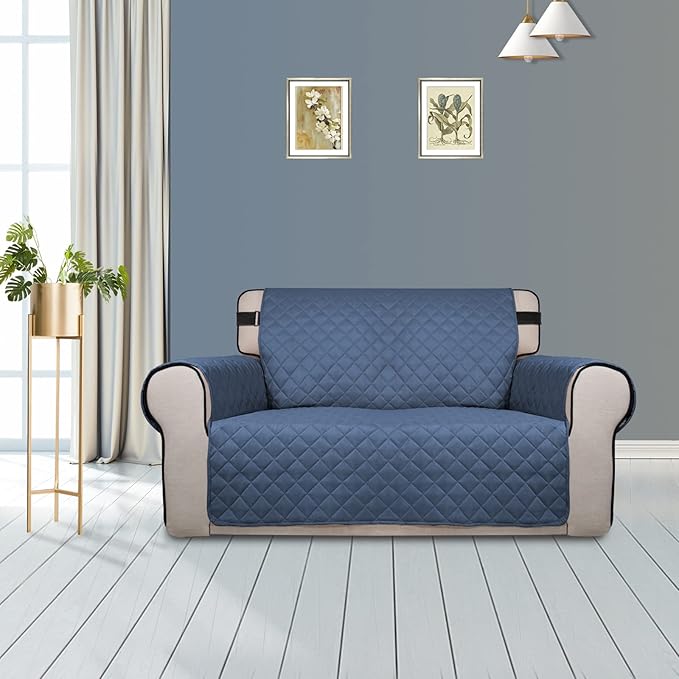 PureFit Reversible Sofa Cover Water Resistant Loveseat Couch Cover, Machine Washable Furniture Cover with Non-Slip Foam and Adjustable Strap for Dogs, Pets (Loveseat, Dark Blue/Light Blue)