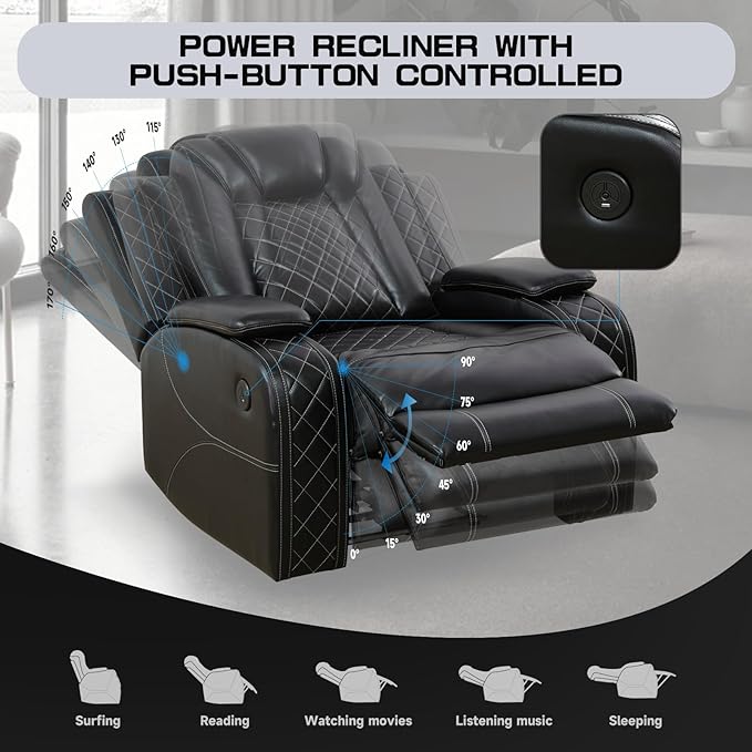 PU Leather Power Wall Hugger Chair Double Reclining Sectional Sofa 3-Seater Loveseat Couch with Reversible Coffee Table, Wireless Chargers, USB Port and Ambient LED Light for Living Room RV Theater
