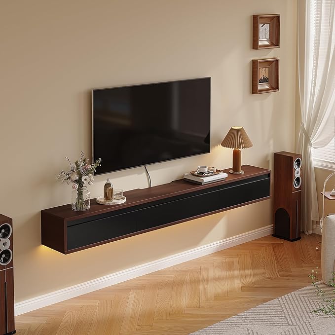 Floating TV Stand Matte Finish,70'' Wall-Mounted TV Cabinet,Floating TV Console,Under TV Shelf with 3 Doors for Living Room Bedroom(Walnut+Black)