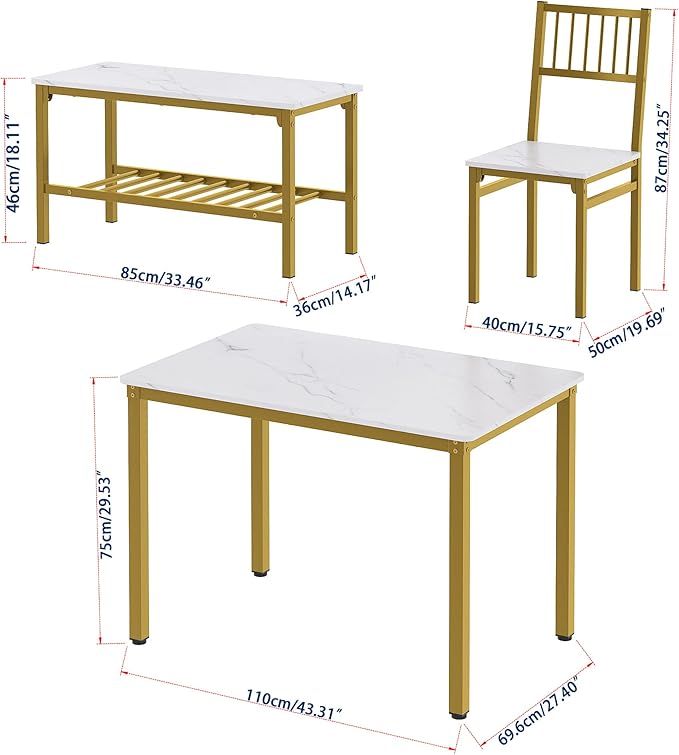 Teraves Dining Table Set for 4/Computer Desk,Kitchen Table with 2 Chairs and a Bench,Table and Chairs Dining Set 4 Picce Set for Dining Room (White Marbling+ Gold Frame,110CM)