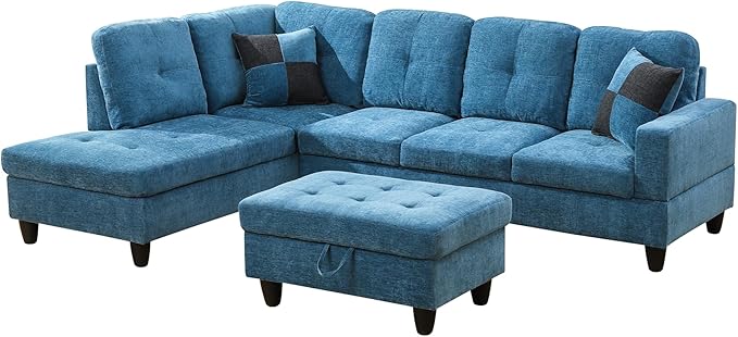 Osparple L Shaped Couch Sectional Couches for Living Room Upholstered Flannel 3 Pieces Modular Sectional Sofa with Chaise, Ottoman with Storage for Living Room and Small Apartment, Steel Blue