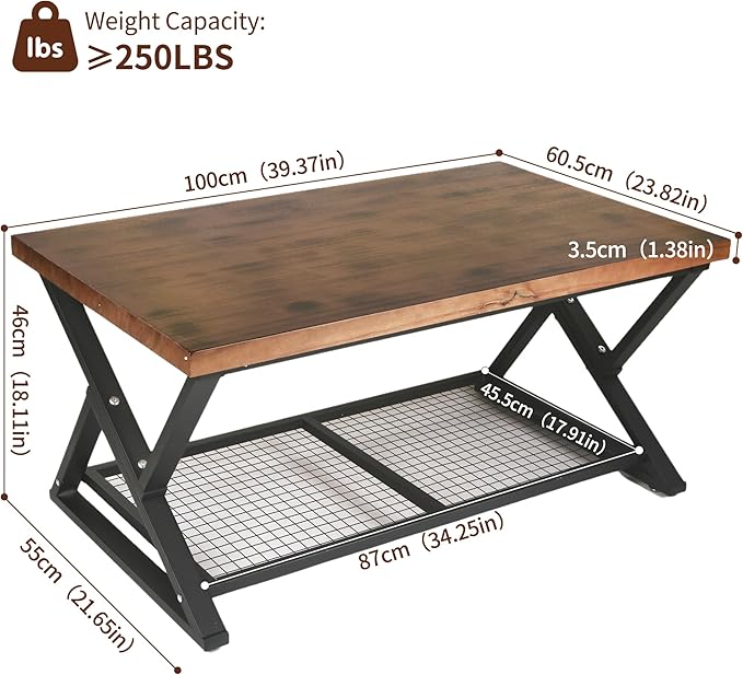 EASYSOUL Coffee Table with Storage Shelf, Solid Wood Top with Black Metal X-Frame, 39.37" D x 23.62" W x 18.11" H, Mid Century Modern Center Coffee Tables for Living Room with 2 Tier (Brow, 39.37")