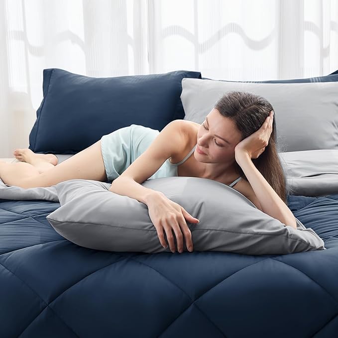 HEVUMYI Twin-XL Comforter Set - 5-Piece All Season Bed in a Bag Twin-XL, Ultra Soft Bedding Set with Comforter, Flat Sheet, Fitted Sheet, Pillowcases, Pillow Shams, Navy Blue & Light Grey