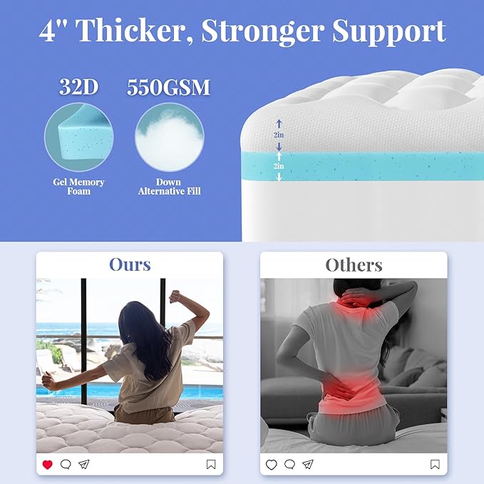 OhGeni Cooling 4 inch Dual Layer King Mattress Topper, 2 inch Cooling Gel Memory Foam, 2 inch Down Alternative Pillow Top Pad, Mattresses Cover for Bed, Medium Support, Fits 6”-19” Deep Pocket