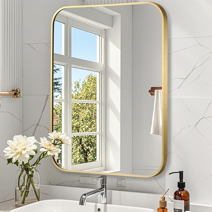 Brushed Gold Mirror, 26"x38" Rectangle Bathroom Mirror, Metal Frame Rectangle Corner Vanity Mirror, Wall Mounted Mirror for Modern, Living Room, Bedroom, Horizontal Or Vertical