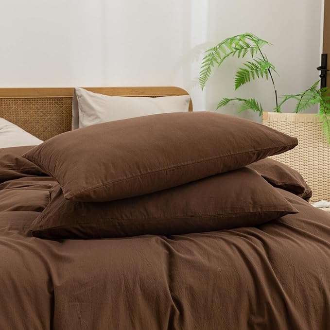 BESTOUCH Duvet Cover Set 100% Washed Cotton Linen Feel Super Soft Comfortable Chic Lightweight 3 PCs Home Bedding Set Solid Cocoa Brown Oversized King
