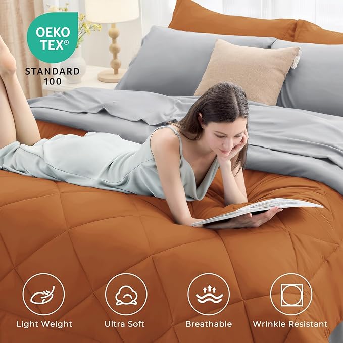 HEVUMYI Full Comforter Set - 7-Piece All Season Bed in a Bag Full, Ultra Soft Bedding Set with Comforter, Flat Sheet, Fitted Sheet, Pillowcases, Pillow Shams, Orange & Light Grey