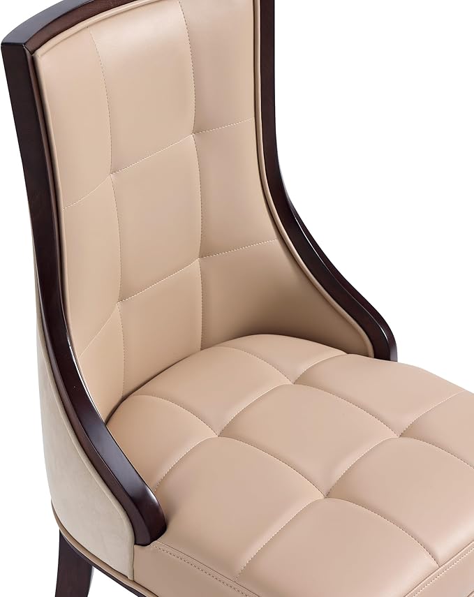 Manhattan Comfort Fifth Avenue Faux Leather Dining Chairs, Parsons Accent Furniture with Padded Wingback Seat, Fine Rectangular Stitching and Solid Beech Wood Frame, Set of 4, Tan